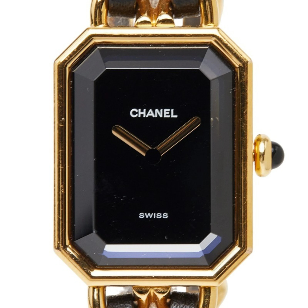 Chanel Première L Watch H0001 Quartz Black Dial Plated Leather Onyx Women's C...